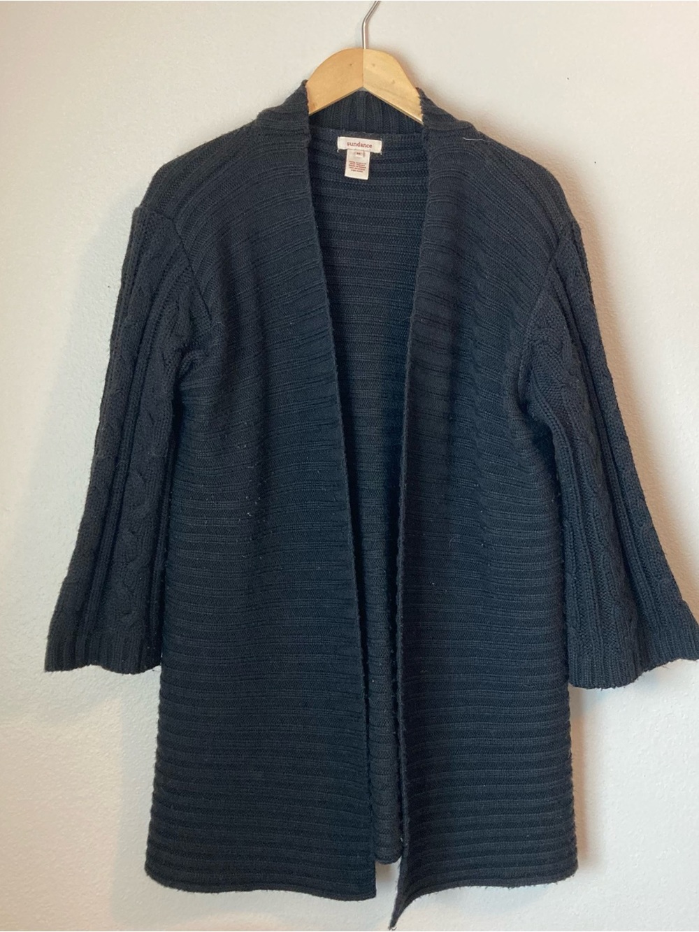 Sundance Chunky Knit 3/4 Length Bell Sleeve Long Cardigan Sweater Black